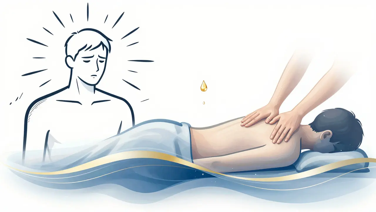 Dvě části obrazu: napětí v podobě černých čar a uvolnění v podobě zlatých a modrých vln, symbolizující přechod ze stresu do klidu.