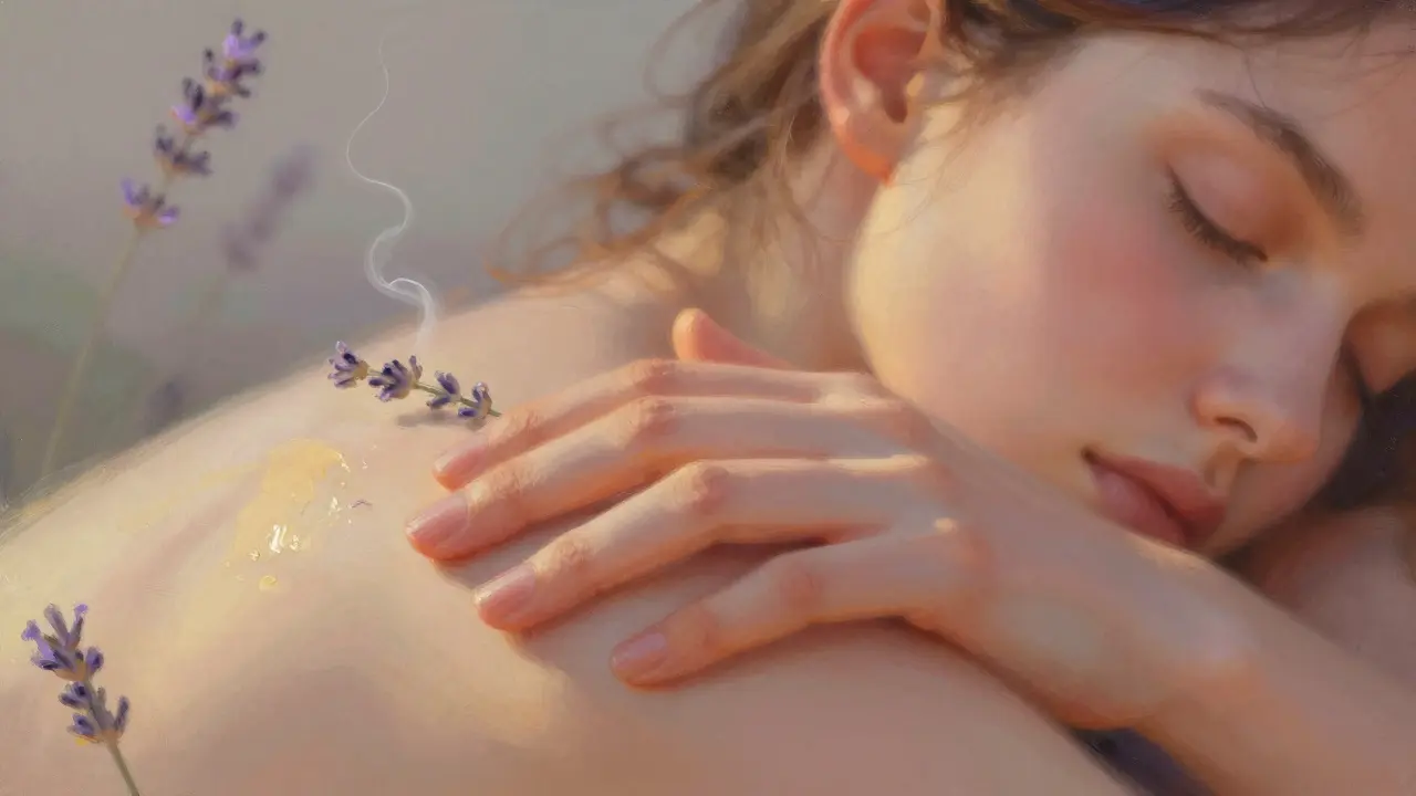 Ruka jemně masíruje rameno s jemným leskem oleje, obličej je klidný a oči zavřené ve známkách úplného uvolnění.