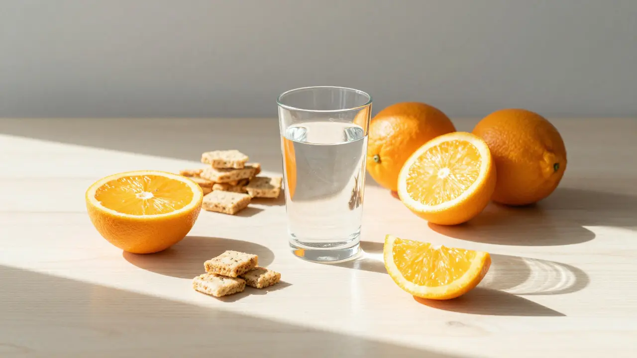 Sklenice vody a zdravé ovoce symbolizující hydrataci.