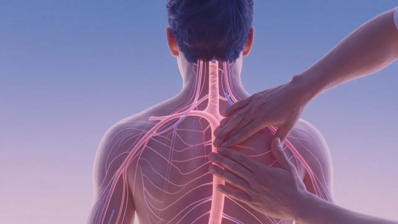 Tělo s viditelnými tokovými cestami krve a lymfy pod rukama maséra, symbolizující regeneraci.