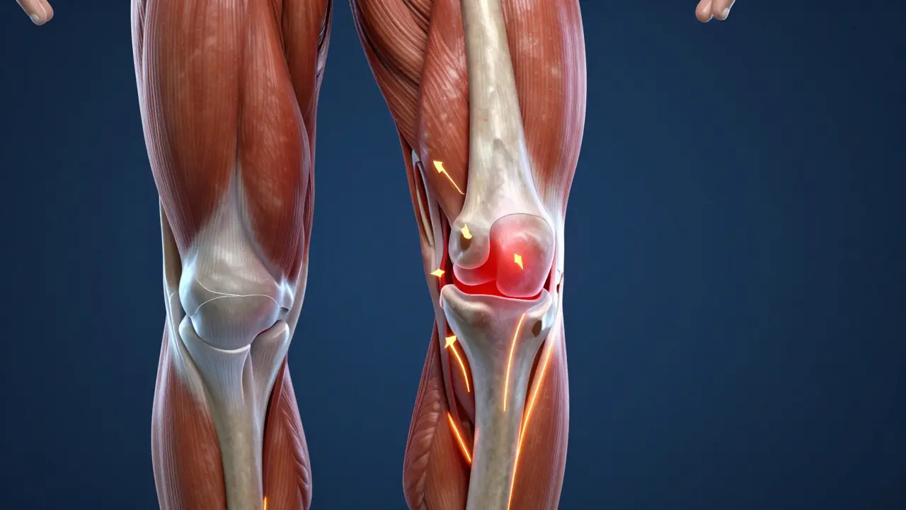 Anatomická ilustrace kolene ukazující napjaté svaly a zlepšený krevní oběh.