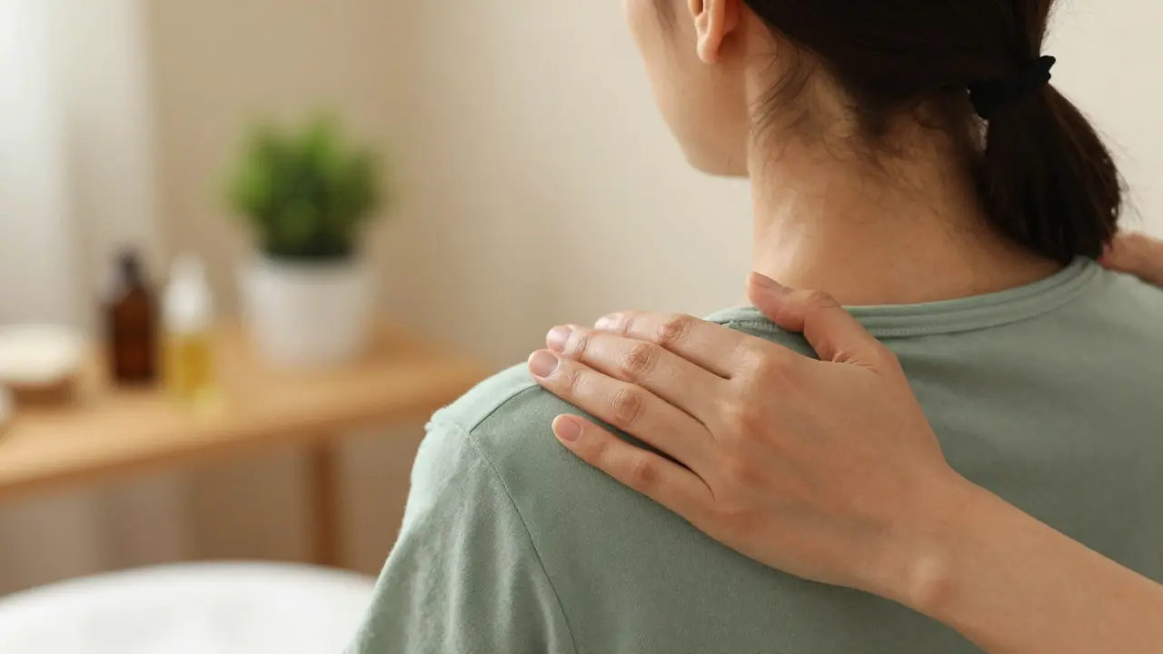 Detail rukou terapeuta na rameni ženy v uklidňujícím wellness studiu.