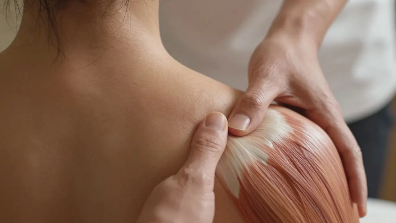 Detailní záběr na hluboký tlak maséra do svalů šíje a ramen.