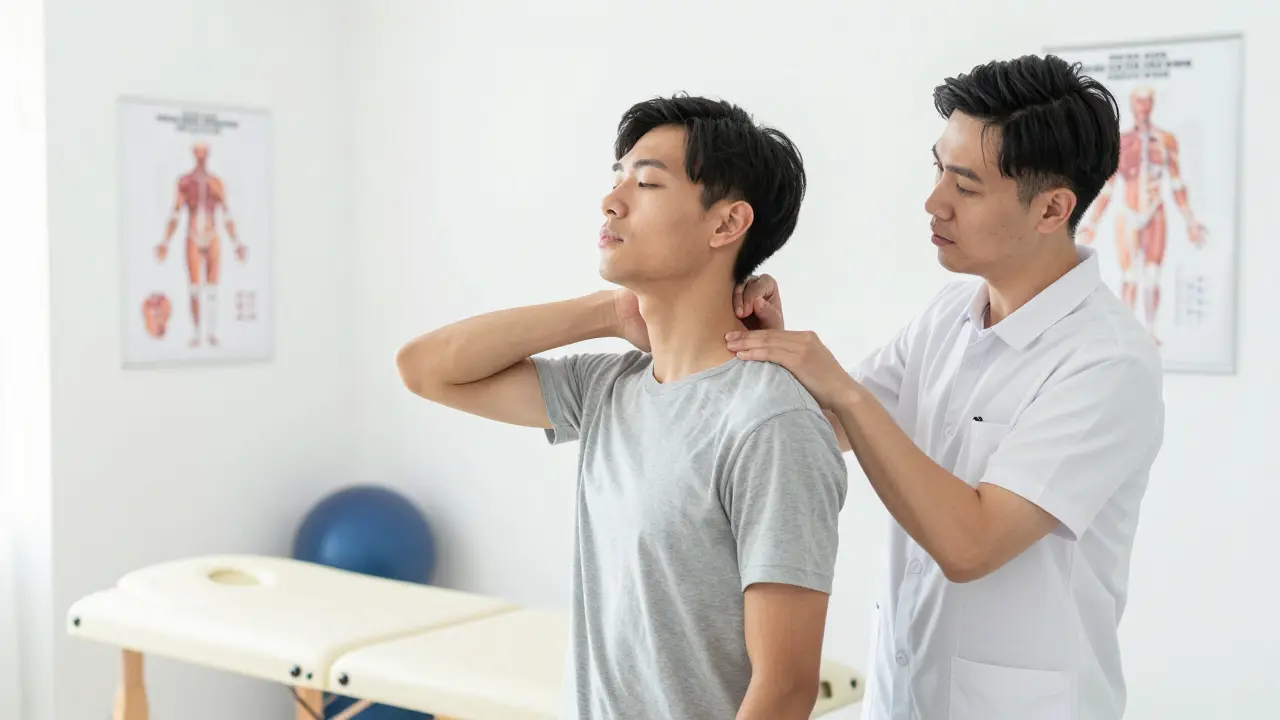 Fyzioterapeut provádí diagnostický test pohybu krku u pacienta v klinice.