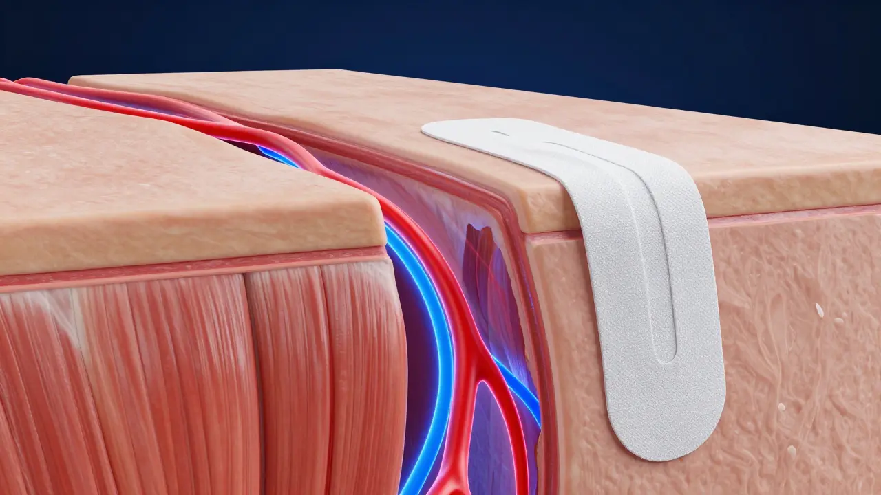 Konceptuální 3D model znázorňující vliv tejpování na prokrvení a lymfu v tkáních.