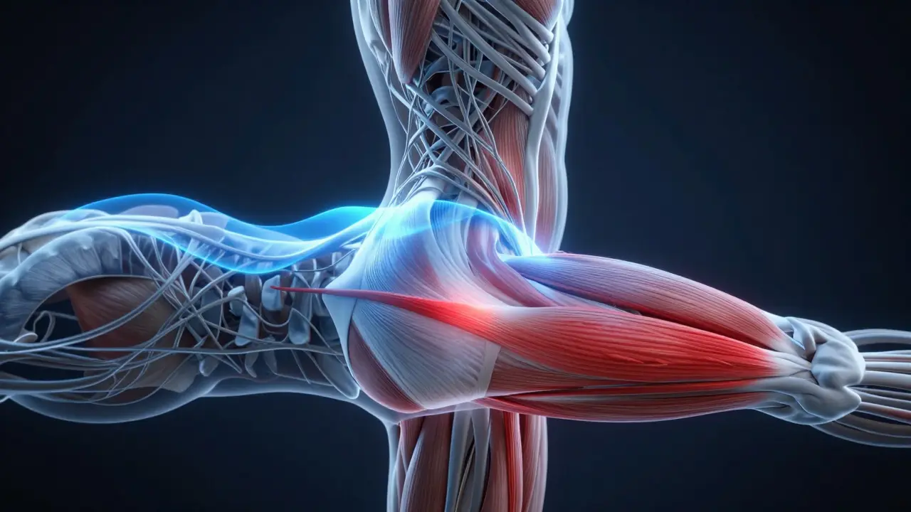 Konceptuální znázornění fascií a uvolňování svalového napětí v bedrech.