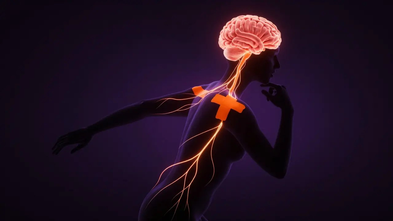 Konceptuální znázornení přenosu signálů z tejpované oblasti do mozku.