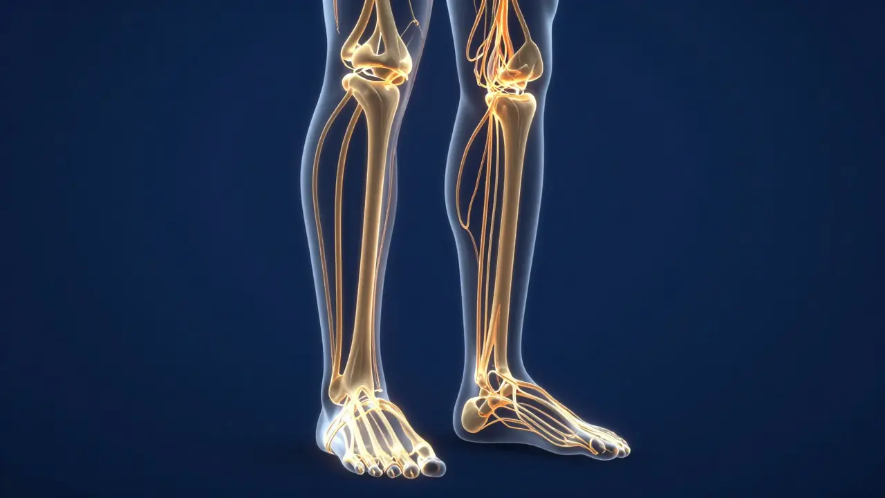 Konceptuální zobrazení lymfatického systému a proudění tekutin v nohách.