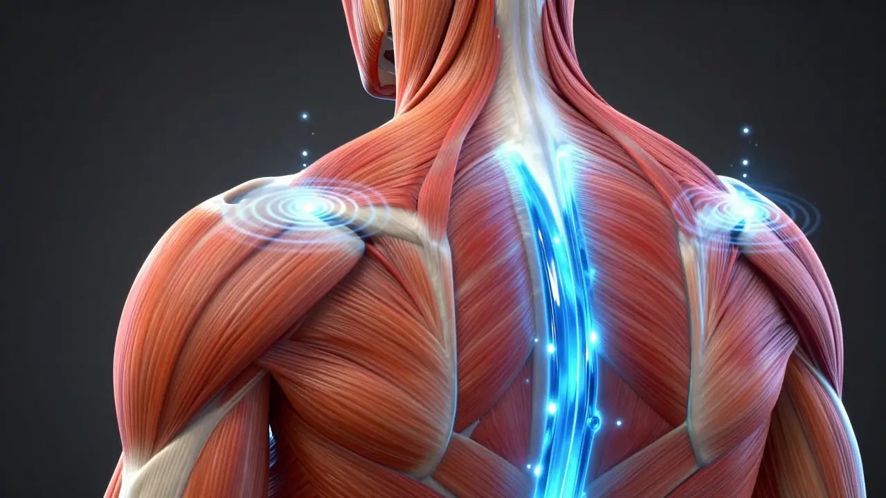 Konceptuální zobrazení pronikání proudů vody do svalové tkáně zad pro regeneraci.