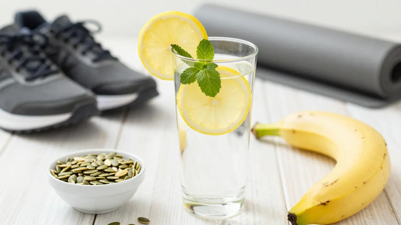 Kýl s vodou s citronem, banánem a semínky jako zdravý základ proti otokům.