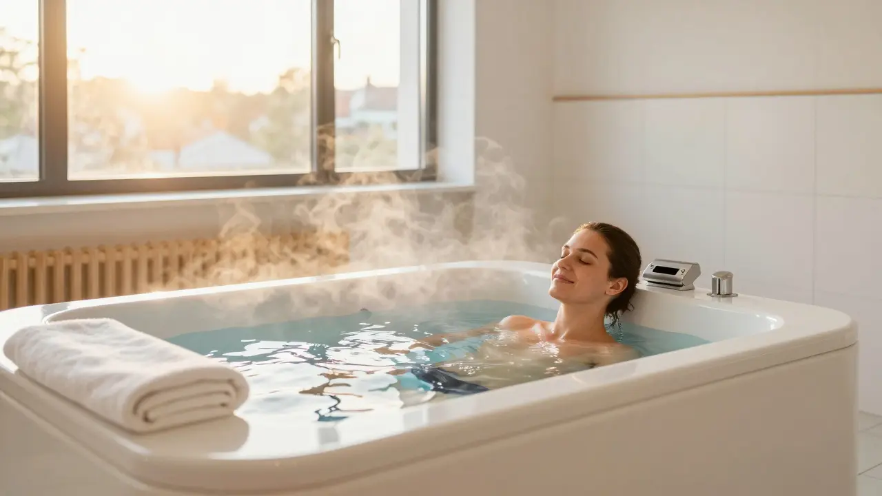 Osoba relaxující v profesionální hydroterapeutické vaně v moderním centru.