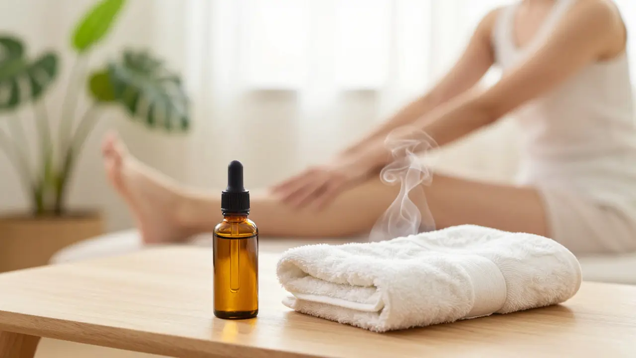 Sada pro domácí péči s arnikovým olejem a teplými obklady v světlé místnosti.