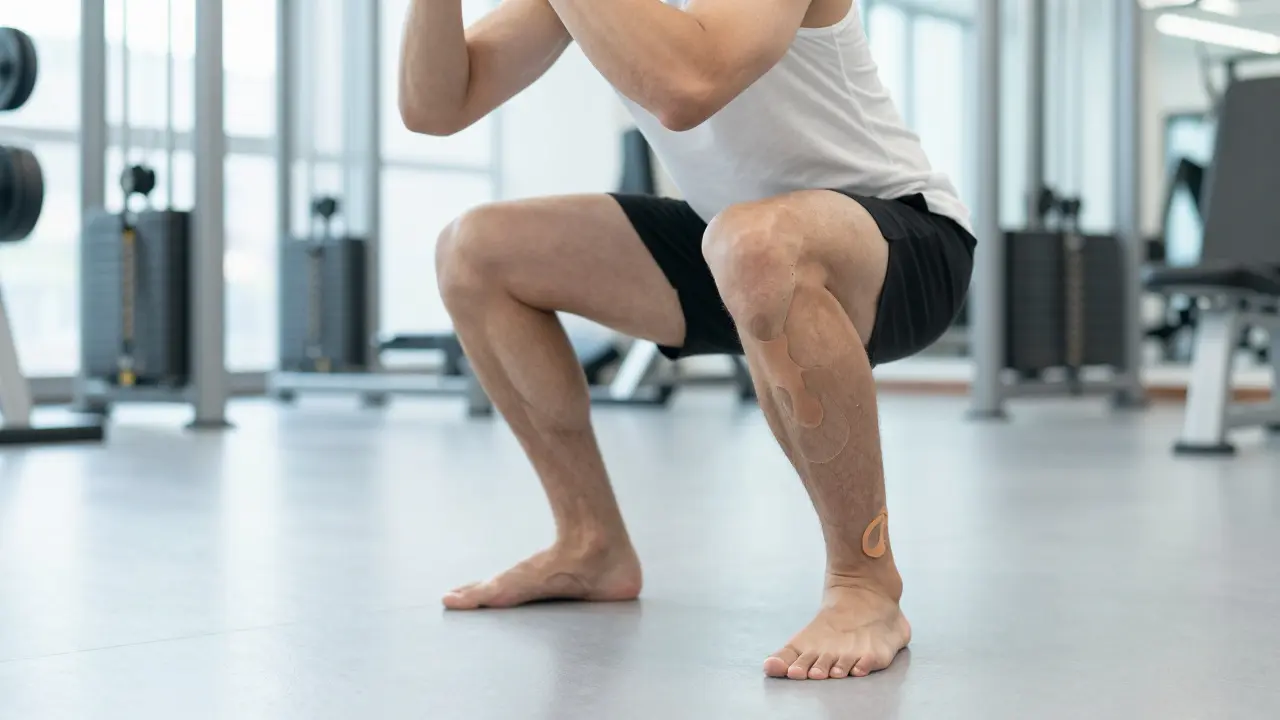 Sportovec provádějící dřep s kineziotejpem na kotníčcích pro stabilizaci kloubů.