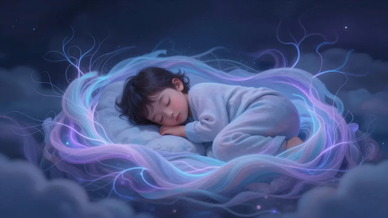 Ilustrace spícího dítěte obklopeného uklidňujícími nervovými signály