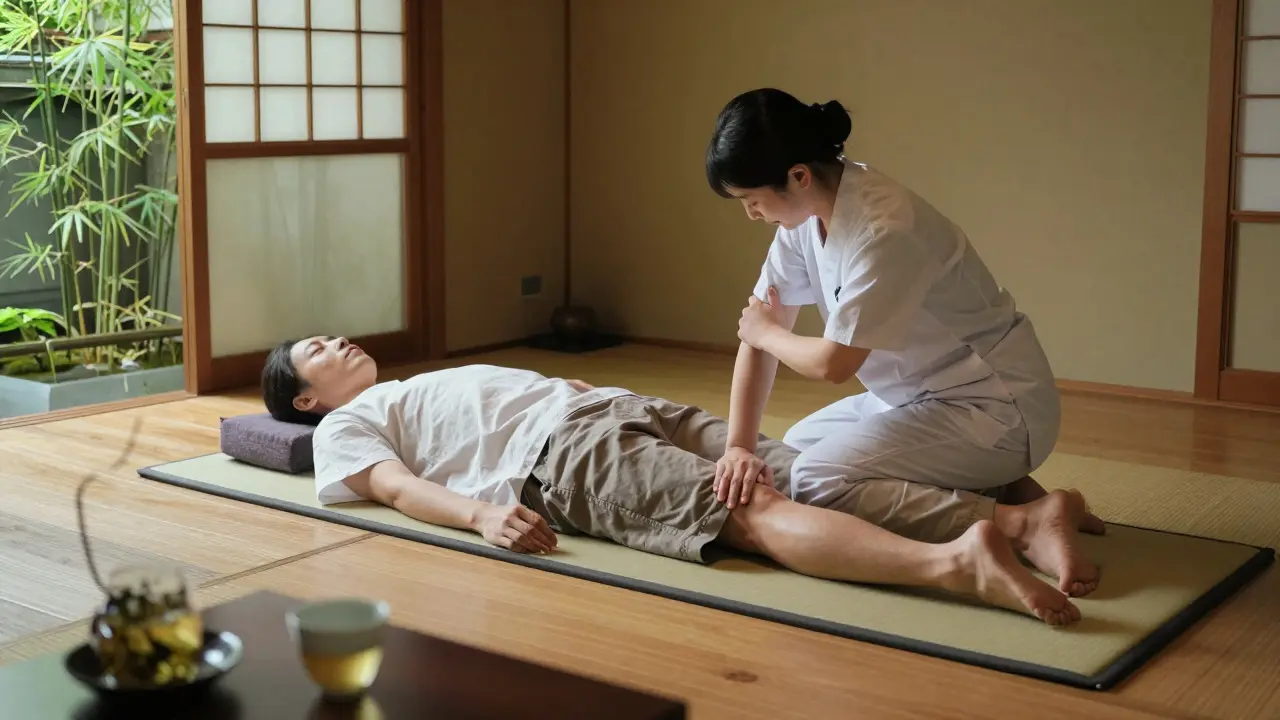 Klidná scéna masáže shiatsu v tradičním japonském stylu