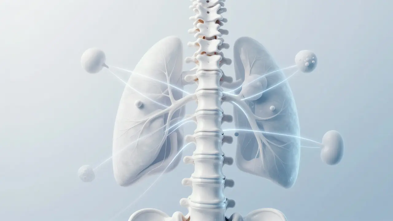 Konceptuální zobrazení metastázování rakoviny do páteře z jiných orgánů