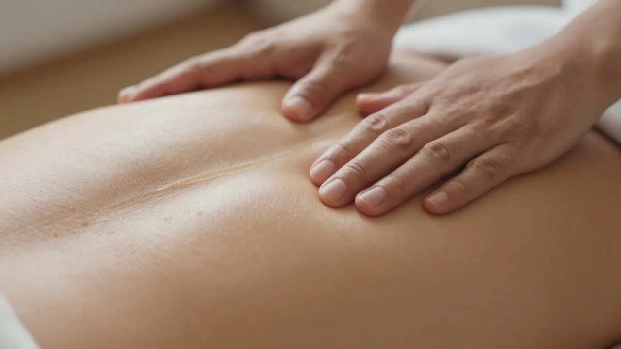 Detailní záběr na práci s tkáněmi při holistické masáži