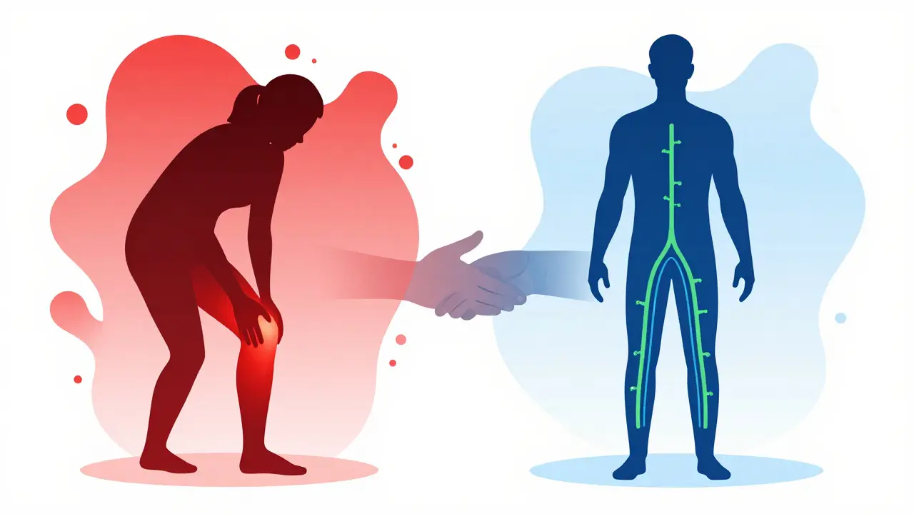 Konceptuální ilustrace přechodu od bolesti k uzdravení pomocí masáže