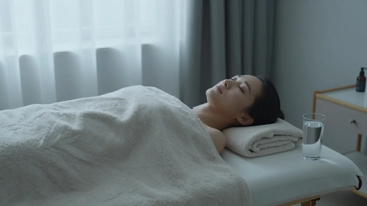 Relaxace po masáži pod dekou s pohárem vody vedle