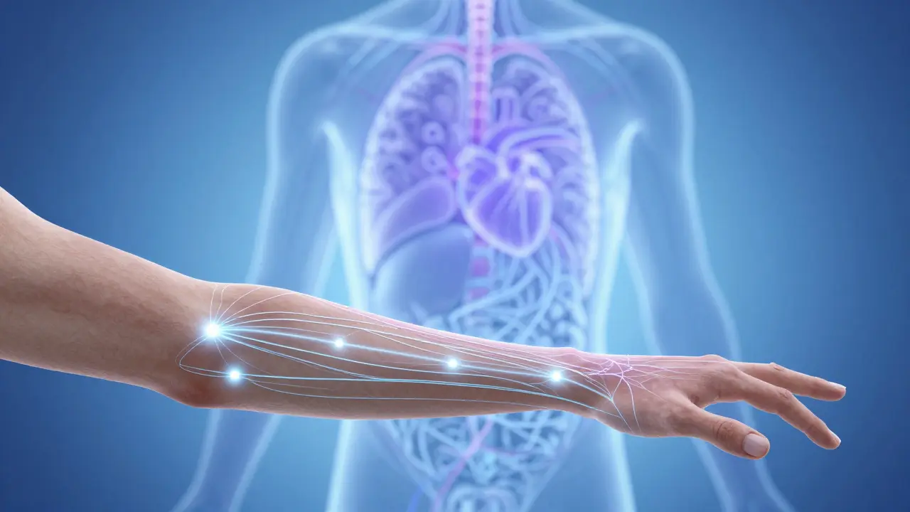 Abstraktní vizualizace propojení reflexních bodů na paži s vnitřními orgány