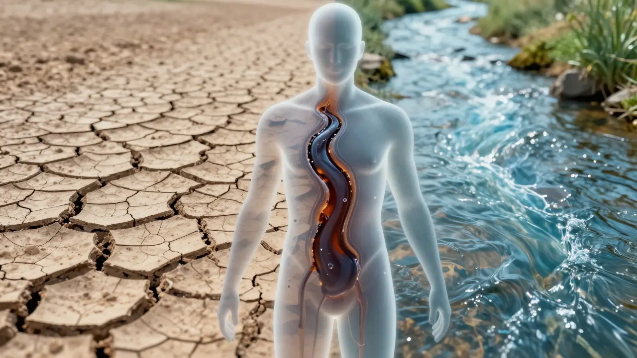 Konceptuální umění znázorňující vliv hydratace na tok lymfy
