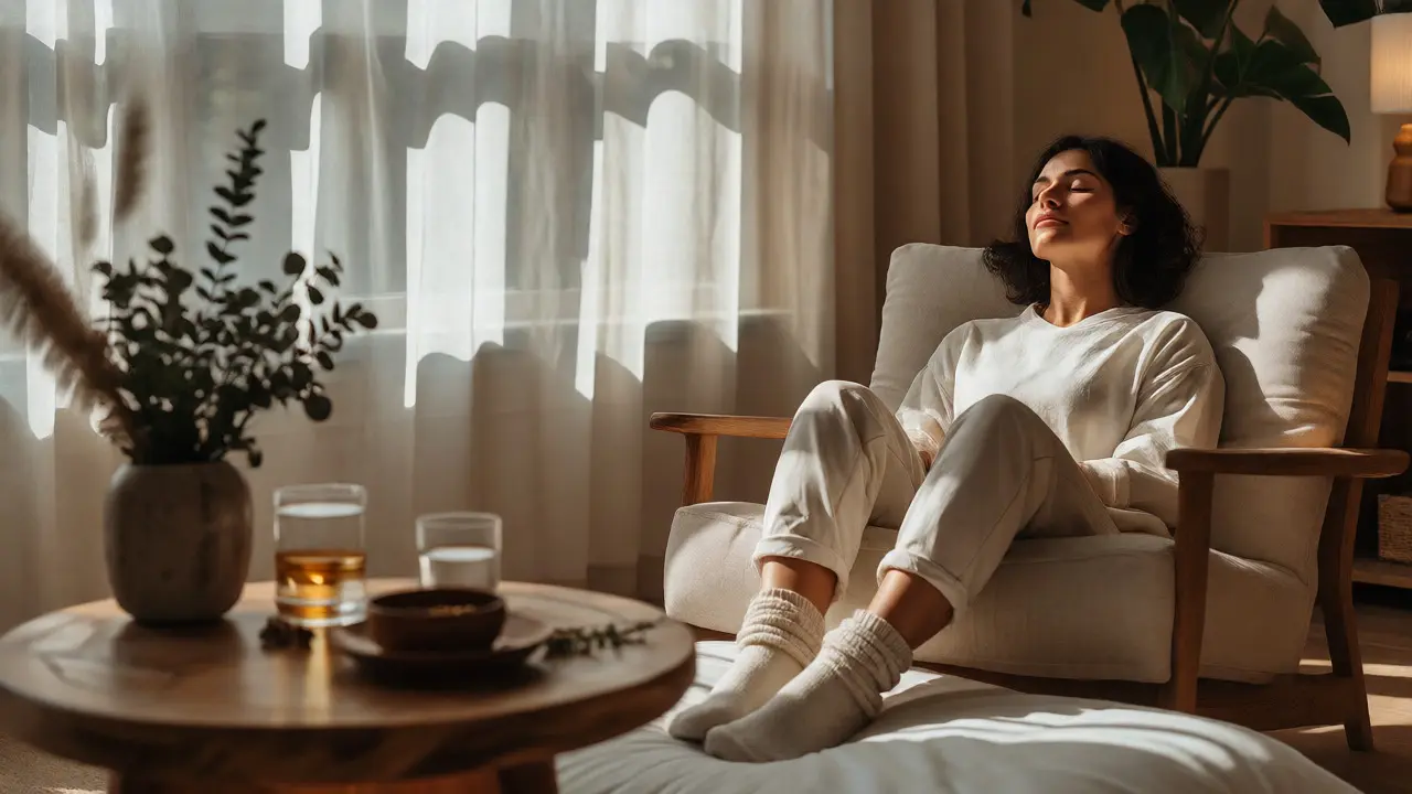 Relaxovaná žena po masáži v klidném prostředí