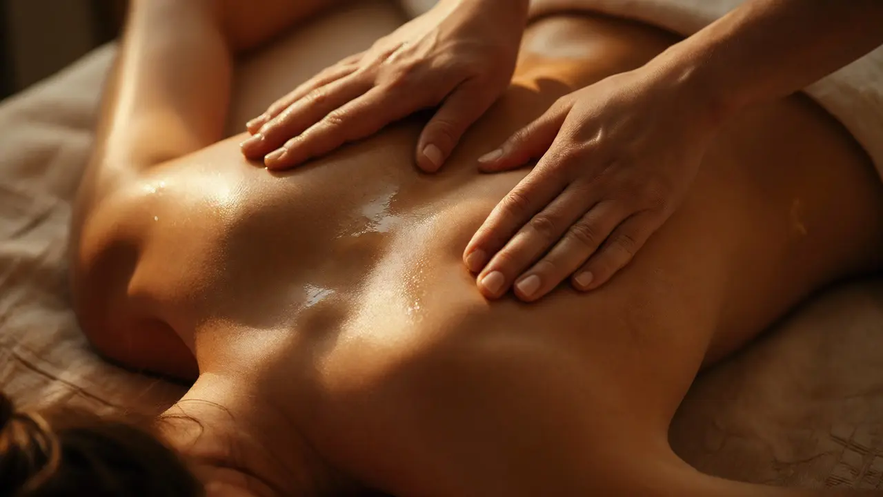 Detail rukou terapeuta při masáži zad s použitím přírodního oleje.